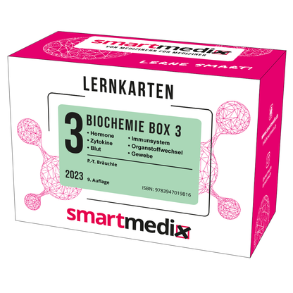 Produktbild der SmartMedix Lernkarten Biochemie Box 3, 9. Auflage 2023. Die Verpackung zeigt eine medizinische Illustration. Auf der Verpackung stehen die enthaltenen Themen: Hormone, Zytokine, Blut, Immunsystem, Organstoffwechsel, Gewebe.