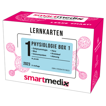 Produktbild der SmartMedix Lernkarten Physiologie Box 1, 9. Auflage 2023. Die Verpackung zeigt eine medizinische Illustration. Auf der Verpackung stehen die enthaltenen Themen: Zellphysiologie, Blut, Immunsystem, Herz, Kreislauf, Atmung.